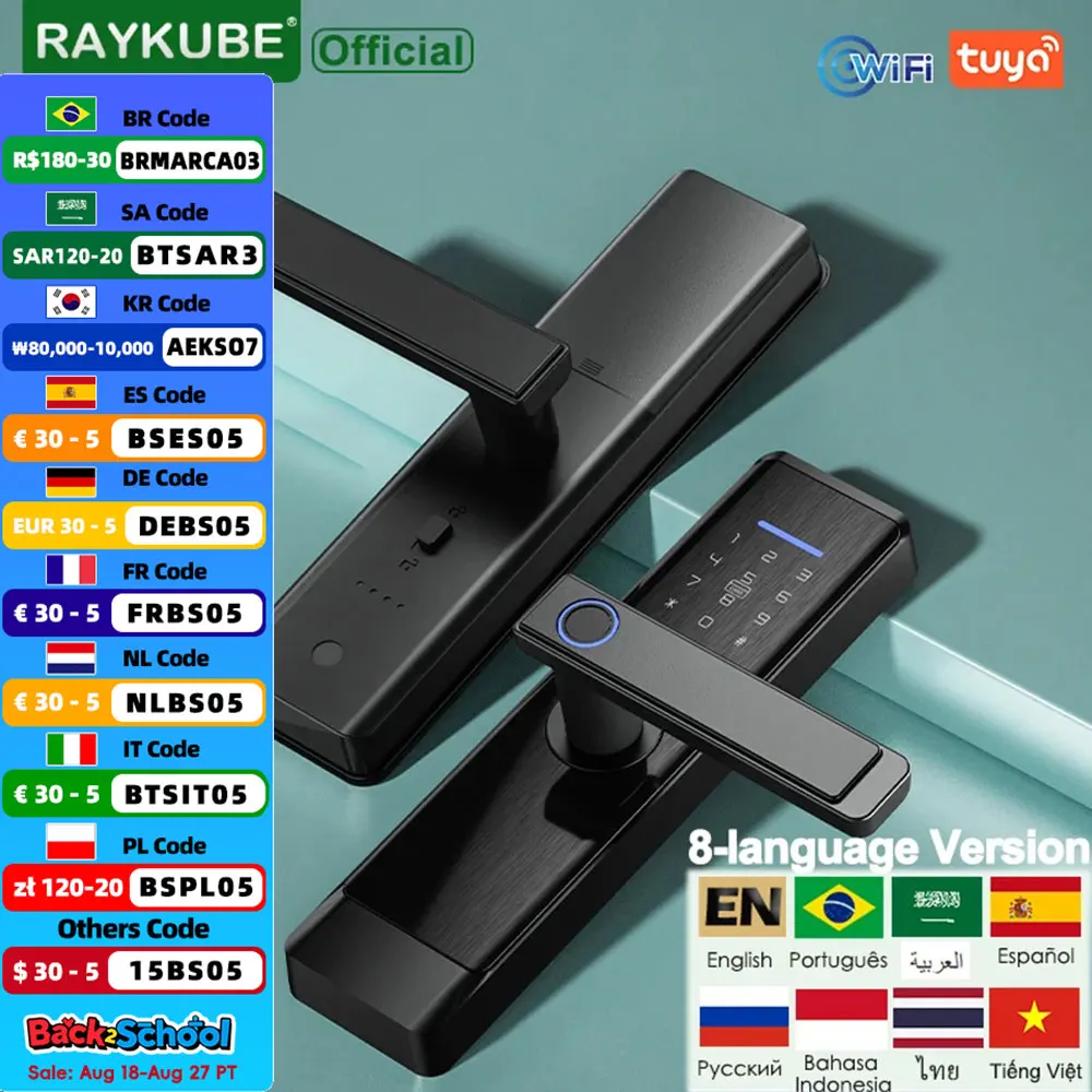 

RAYKUBE L1 черный умный дверной замок Tuya WiFi/ Tuya ZigBee / TT Блокировка APP цифровой Интеллектуальный Электрический дверной замок с отпечатком пальца