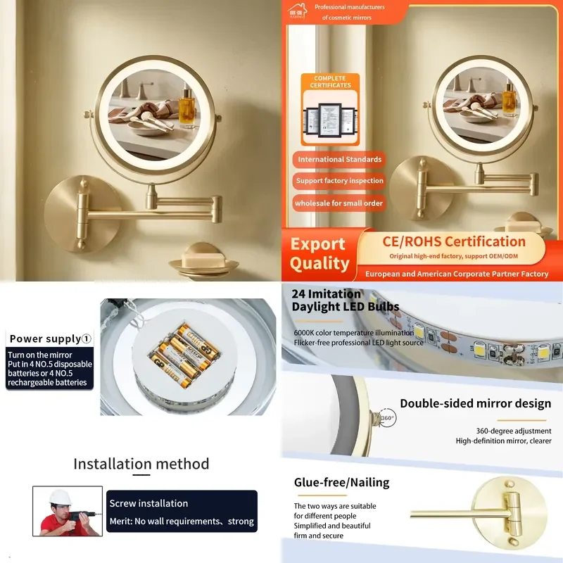for Personalized Round LED Lighted Cosmetic Mirror Double Sided Magnifying Foldable Wall Mounted Chrome Plated Surface