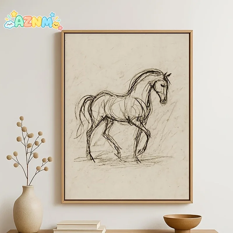 2D Flat, 2D Flat, 2D Flat 1pc Frameless, Abstract Horse Sketch Retro Painting Minimalist Equestrian Line Wall Art Illustratio