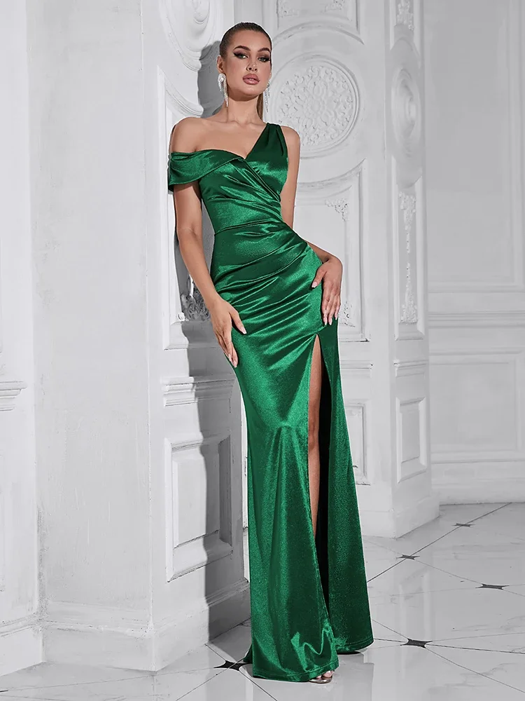 Robes maxi froncées en satin vert pour femmes, Sexy One initiated, tambour froncé, Split Celebrity, Runway Party, soirée, peu importe