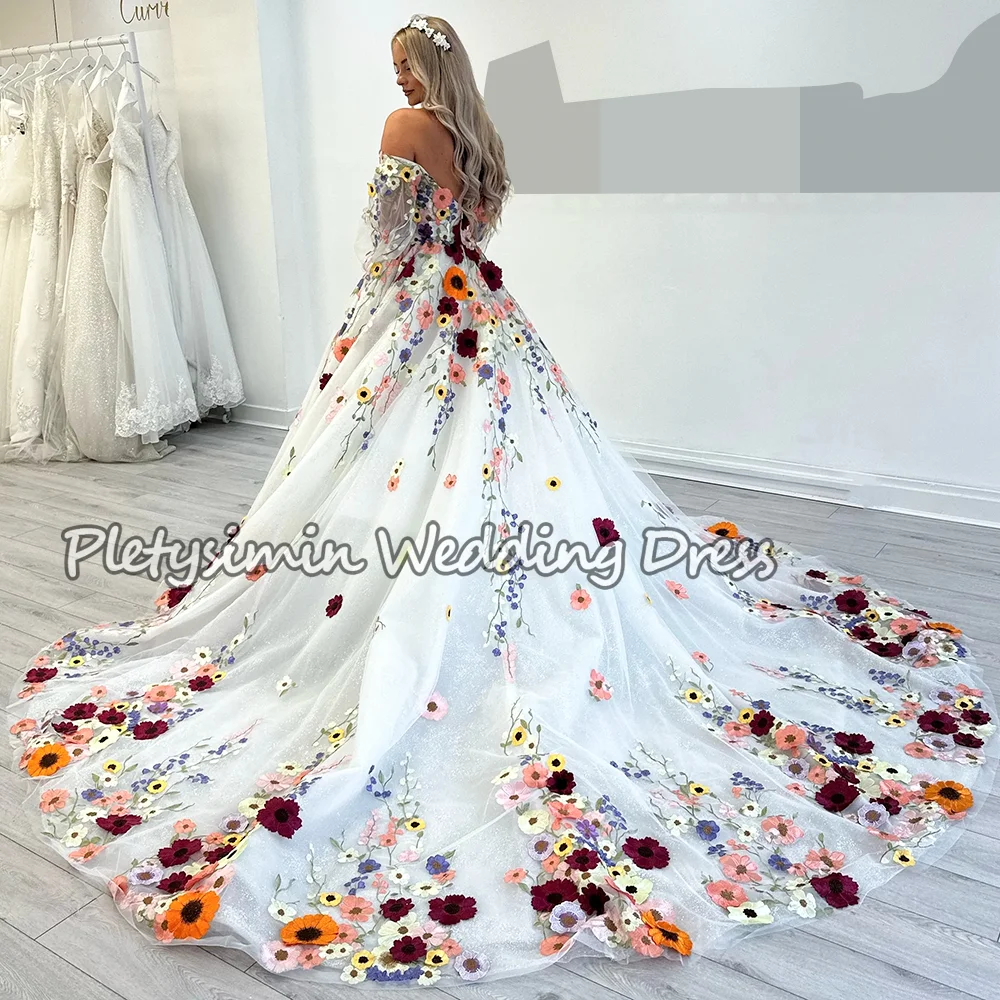 로맨틱 플로럴 오프숄더 A라인 웨딩드레스 탈부착 가능한 퍼프 슬리브 롱 프롬 가운 프린세스 스위트하트 튤 브라이덜 가운