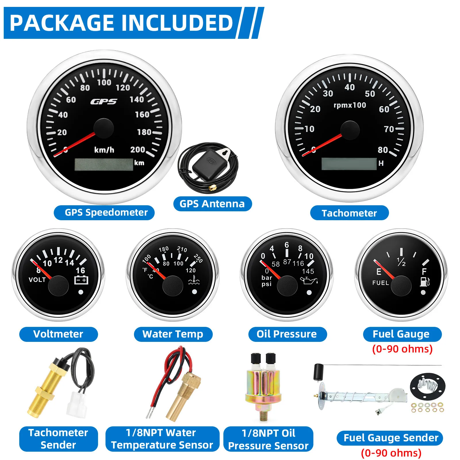 85 mm meter + 52 mm meters 6 gaugeset met sensoren 200 kmh GPS-snelheidsmeter 8000 tpm toerenteller voltmeter temperatuur oliepers brandstof 0-90 ohm