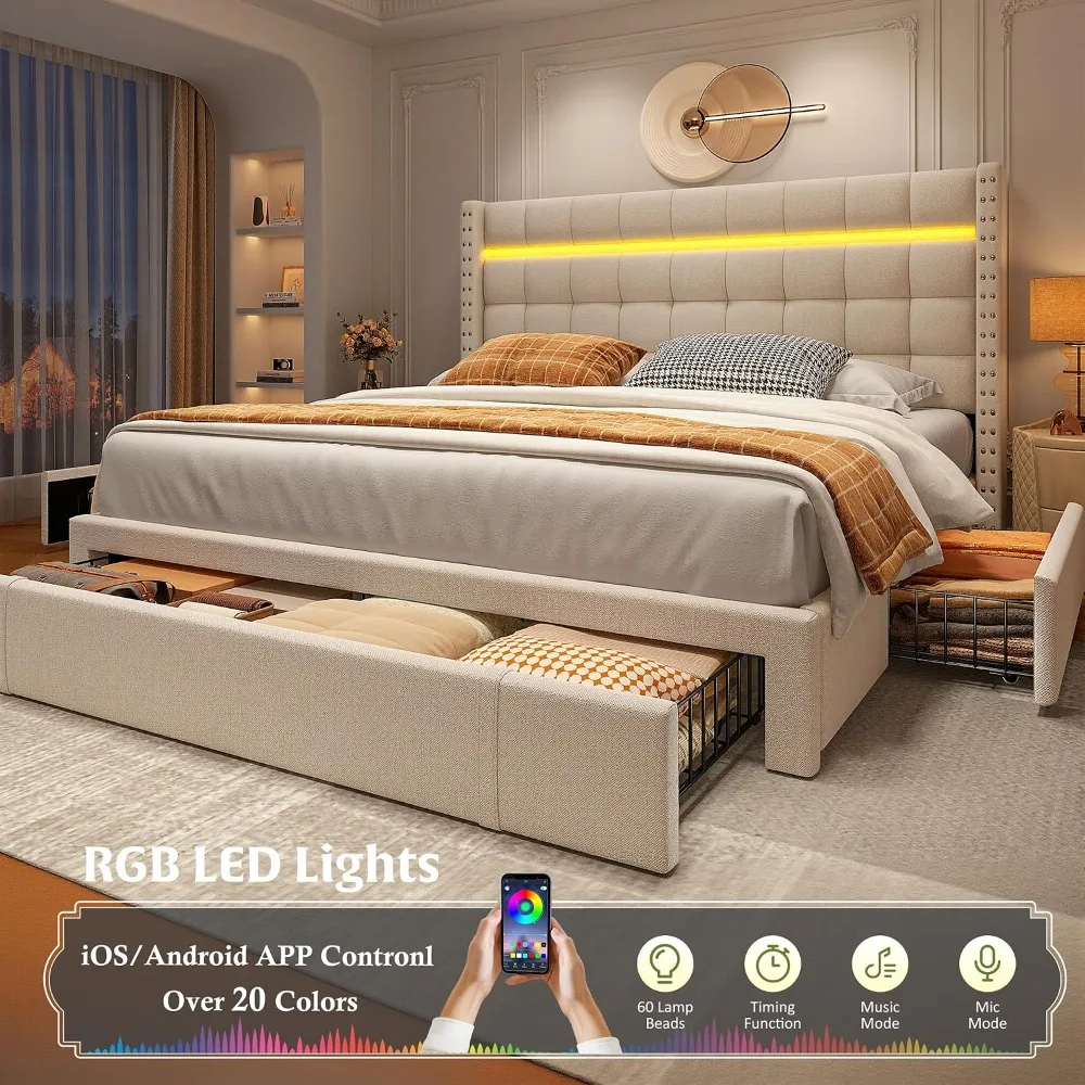 Queen Size Beige Platform Bed Frame with 3 Storage  Headboard,Built‑in LED Light,Noise‑Free Wooden Slats,No Box Spring, Custom