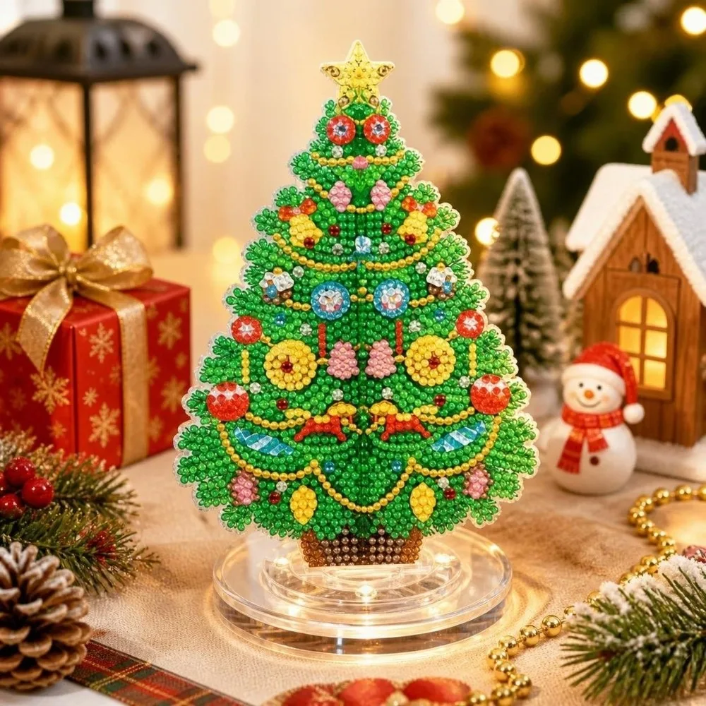 DIY Art Diamond Christmas Tree Kit Handmade Rotatable 3D Diamond Painting Kit Tabletop Ornaments Acrylic Rhinestone Painting Kit