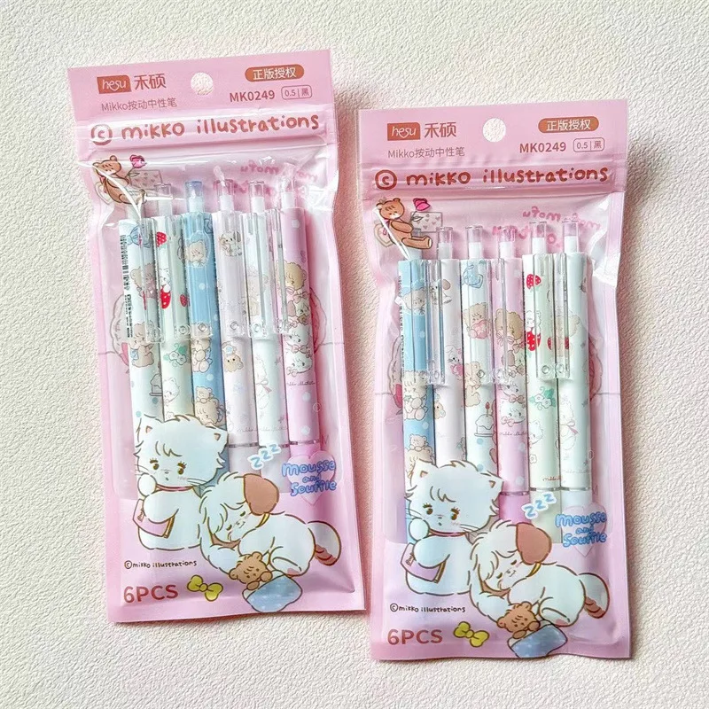 6pcs Kawaii Mikko Press Gel Pen Cartoon Cute Student Stationery Black Neutral Pen Office Stationery Supplies