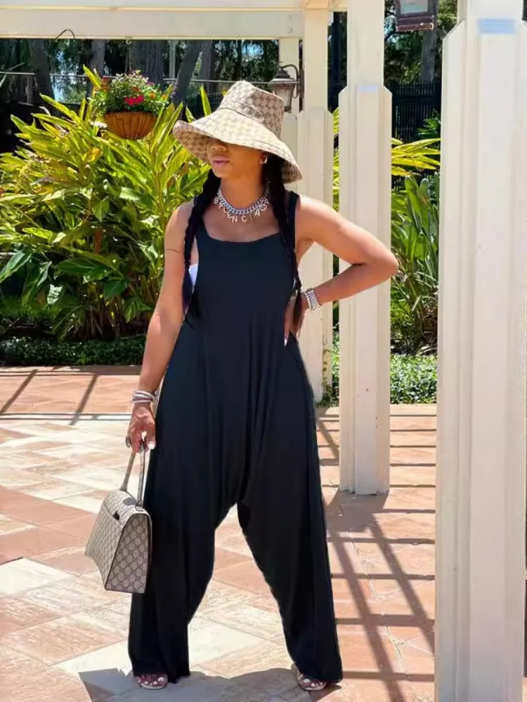 

Sister Star Women's Comfortable Casual Solid Color Sleeveless Backless Mid Stretch Long Wide Leg Street Hipster Jumpsuit