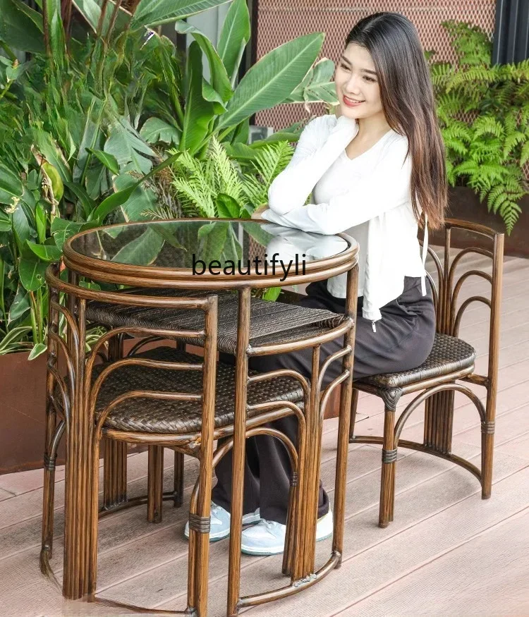 

Balcony Three-Piece Tables and Chairs Combination Suit Chinese Tea Table and Chair Simple Rattan Chair