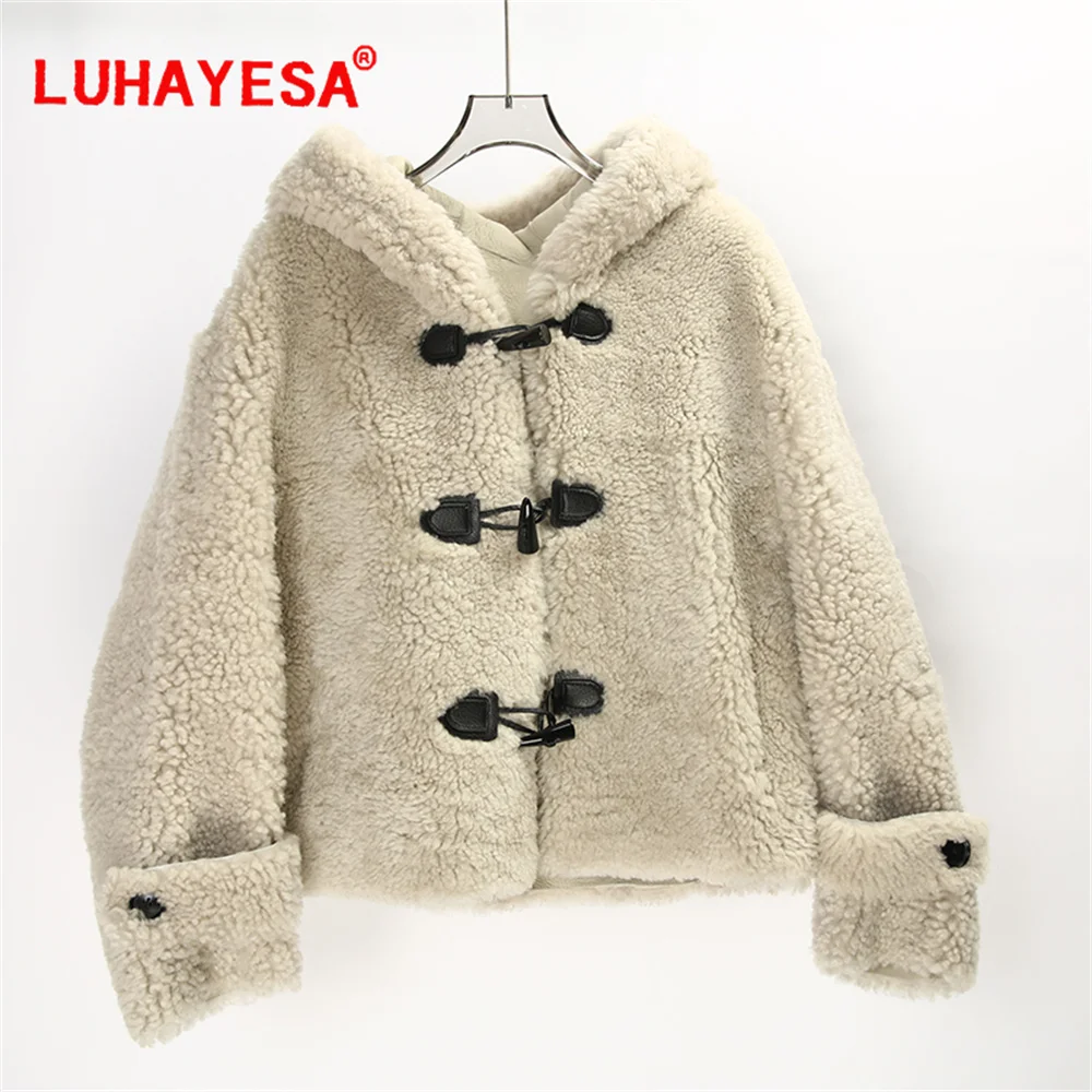 2024 bazar casaco de pele de cordeiro shearling feminino inverno luhayesa engrossar com capuz casaco de pele genuína