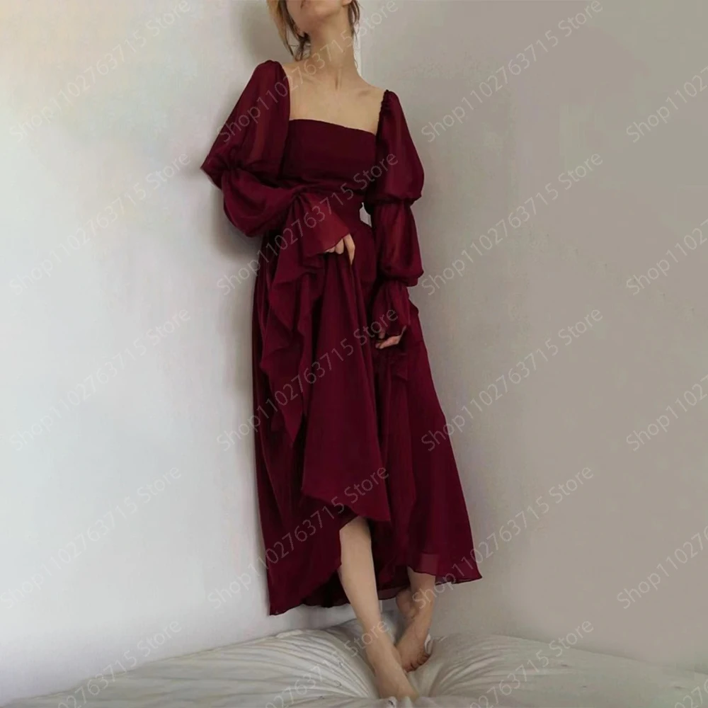 

Elegant Long Burgundy Evening Dresses for Women Square Neck Ankle-Length A-Line Prom Party Wedding Gala Special Events Dress