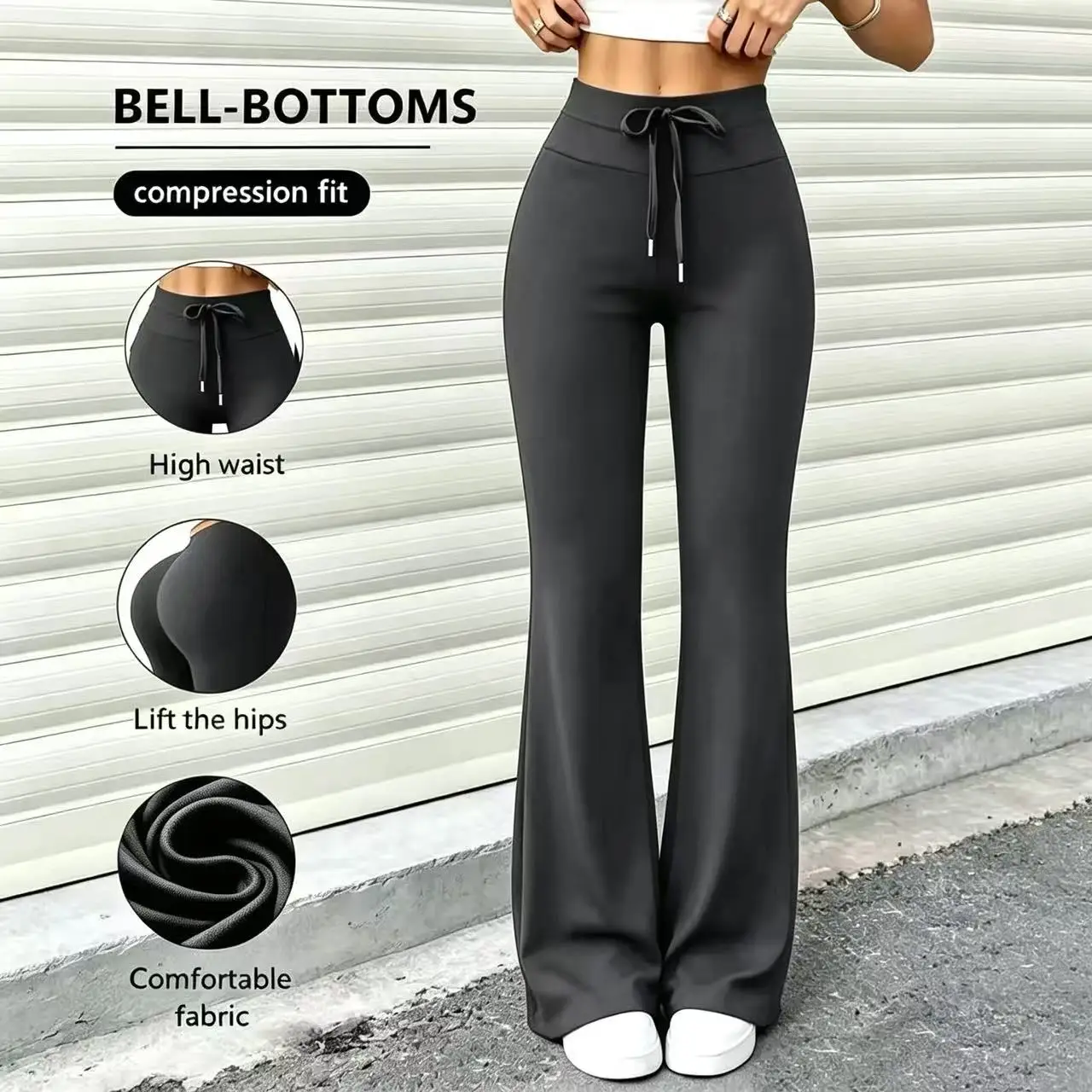 Damen Frühlings- und Sommerhose mit weichem Kordelzug und ausgestelltem Bein – Eleganter Stil, verstellbare Kordelzugtaille, lässig und schmal geschnitten – Detail 5