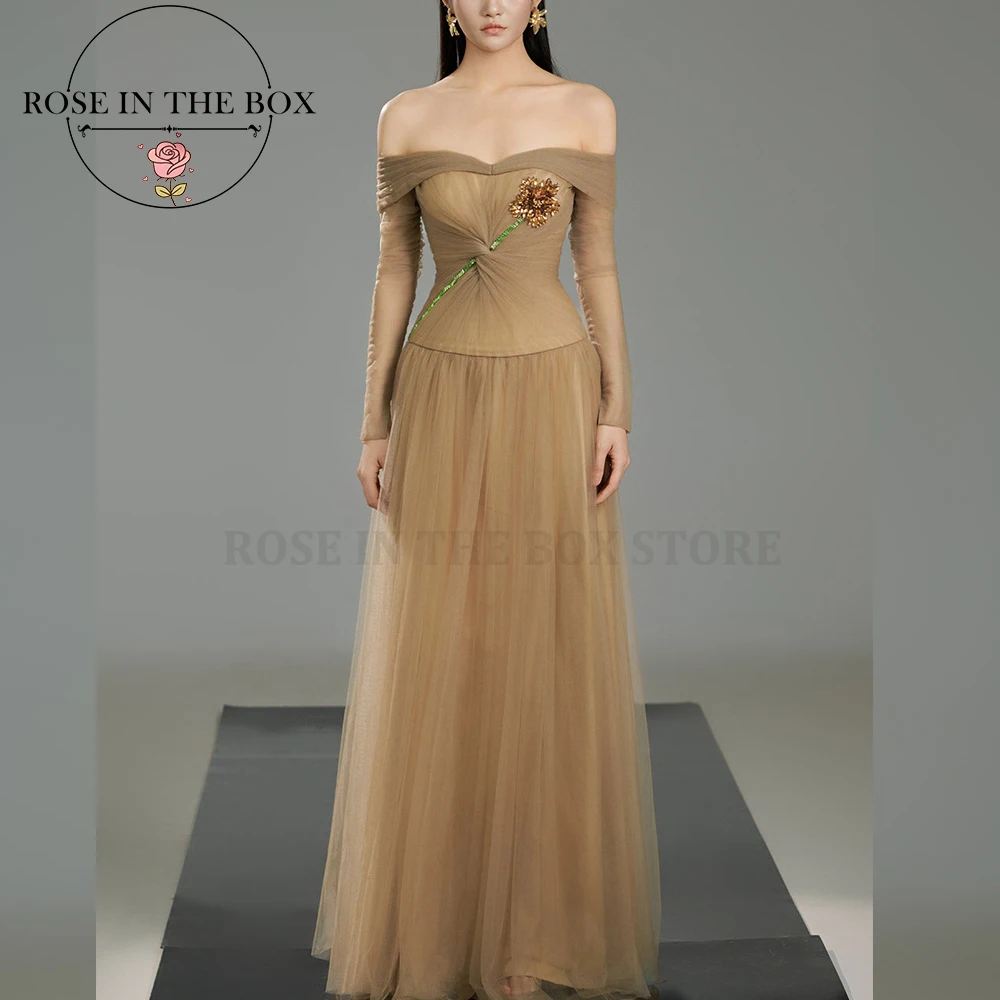 ROSEINTHEBOX Abiti da sera eleganti personalizzati con spalle scoperte color talpa Maniche lunghe Abiti da festa eleganti a trapezio floreali realizzati a mano
