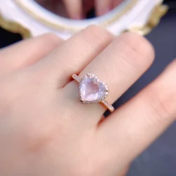 925 Silver Rose Quartz Heart Ring Natural Pink Rose Quartz Halo Heart Ring Engagement Promise Rings