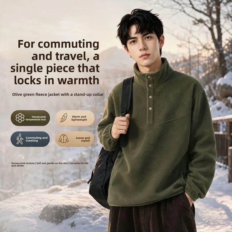 QICHE Men Basic Commuter Sweatshirt Japanese Honeycomb Henley Neck 4 Buttons Half Placket Loose Drop Shoulder