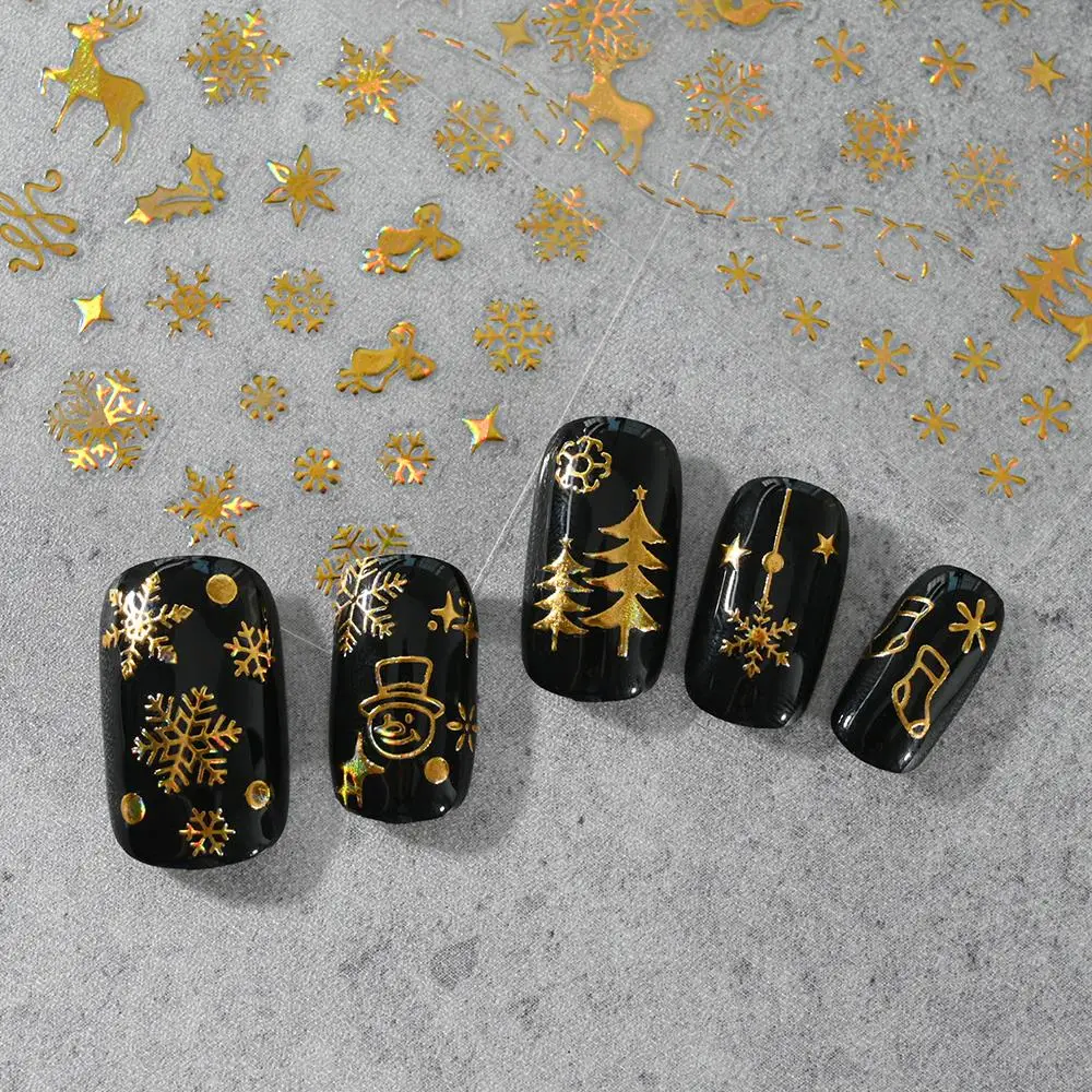 3d adesivo para nail art, nail art acessórios, ouro, floco de neve, árvore de natal, ano novo, 1 parte, 2024