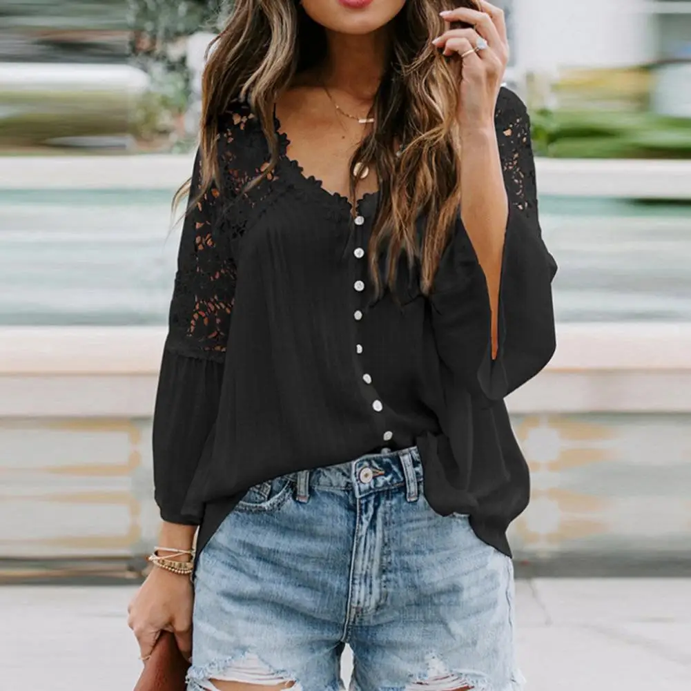 V-neck 3/4 Flared Sleeve Top Solid Color Single Breasted Women Blouse Hollow Out Lace Stitching Loose Shirt Top Streetwear