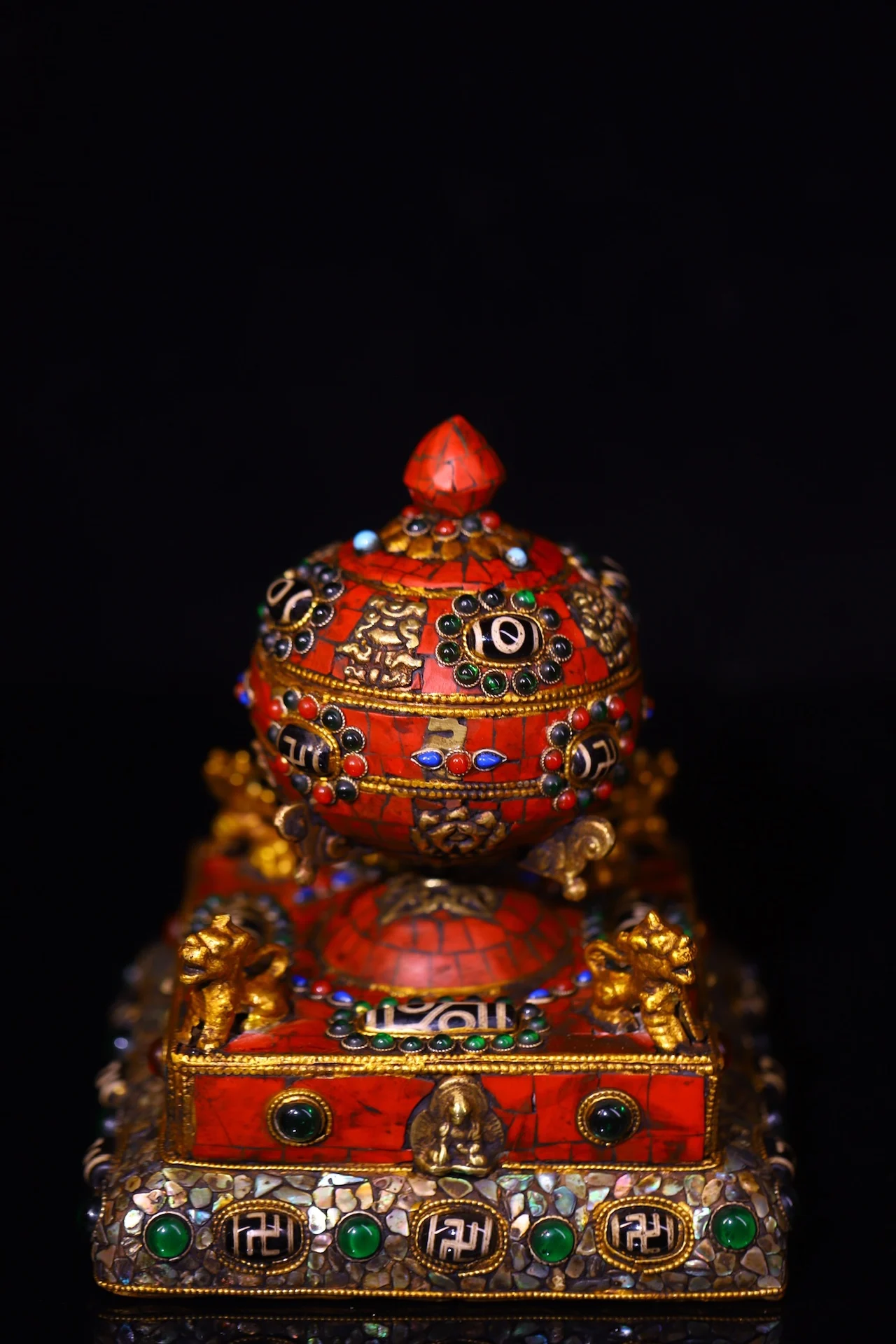 

Tibetan Silver Gilded Mosaic Gem gZi Beads Turquoise Four Kylin Prayer Wheel Old Scriptures