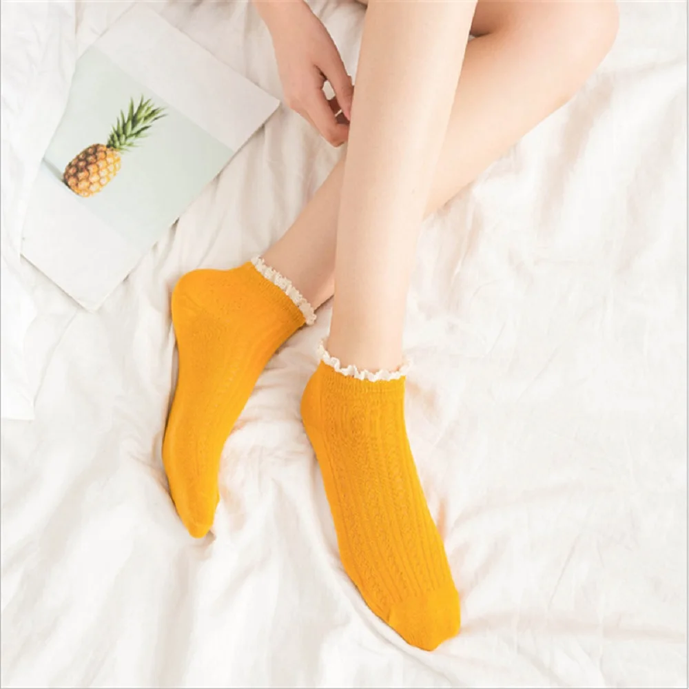 Harajuku Funny Girls Sweet Solid Candy Color Short Cotton Socks Ruffles Women Socks Hosiery Lace Socks