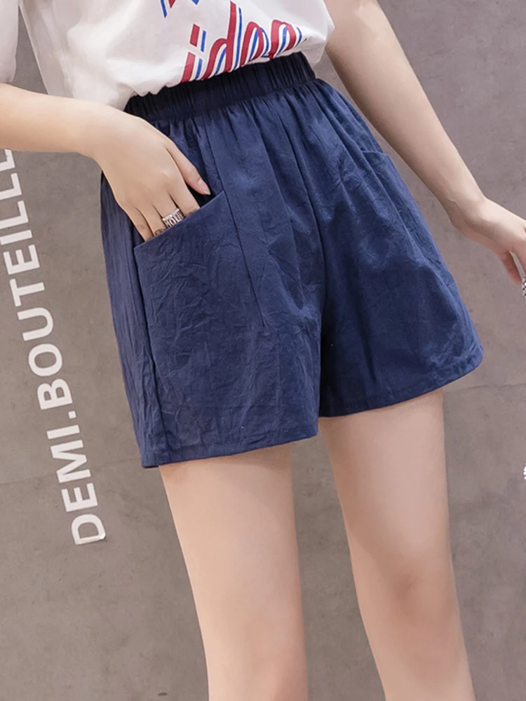 Casual High Waist Cotton Linen Shorts for Women 2026 Summer Elastic Waisted Wide Leg Shorts Woman All Match Solid Short Pants