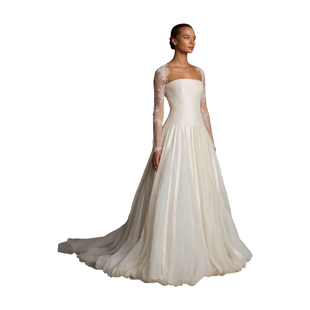 Elegant A Line Wedding Dresses with Jacket Appliques Lace Long Sleeves Bridal Gowns Customized Button Back Sweep Train Vestidos