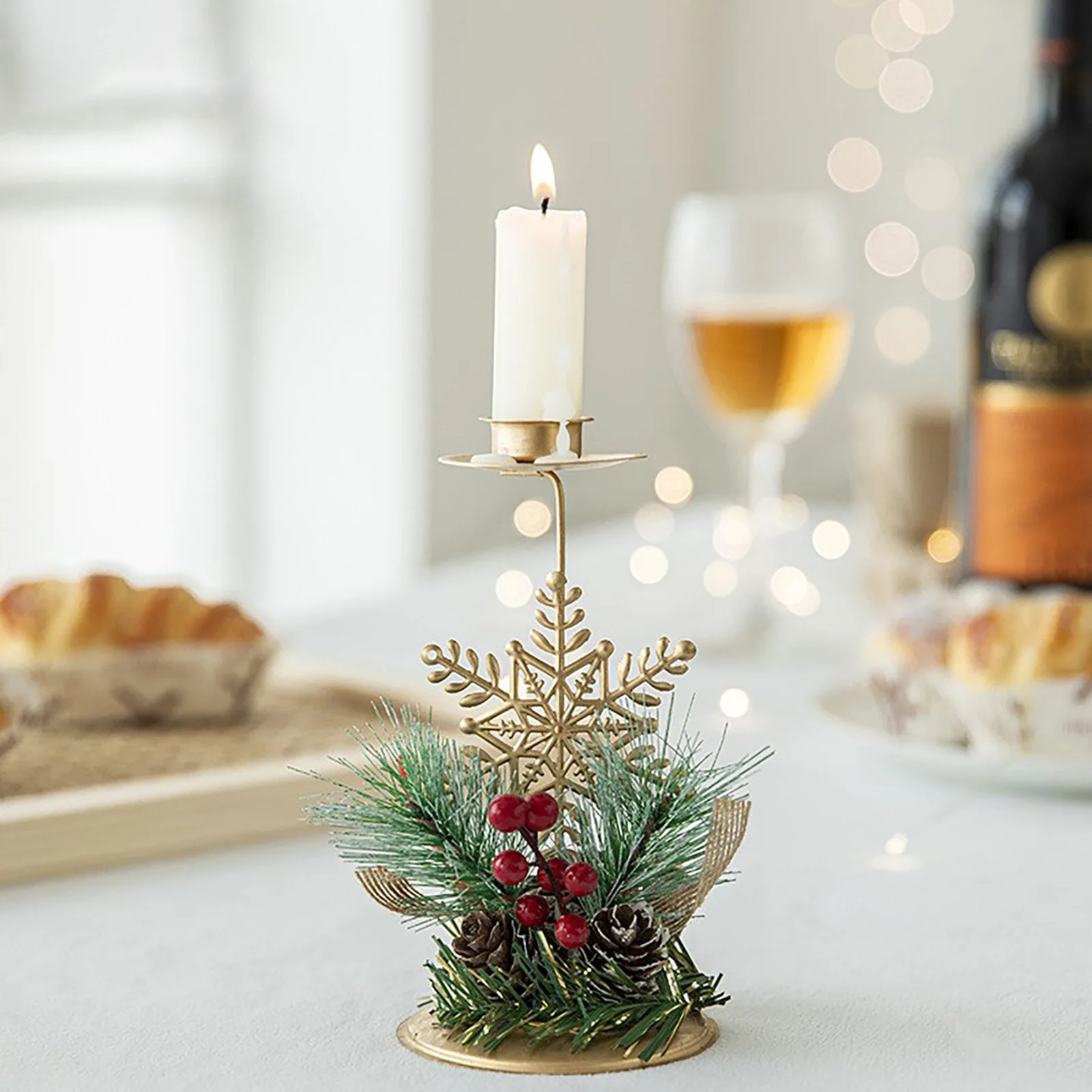 Christmas Candle Holders Set - Reindeer & Snowflake with Pine Cones Berries, Festive Metal Stands for Xmas Table Decor