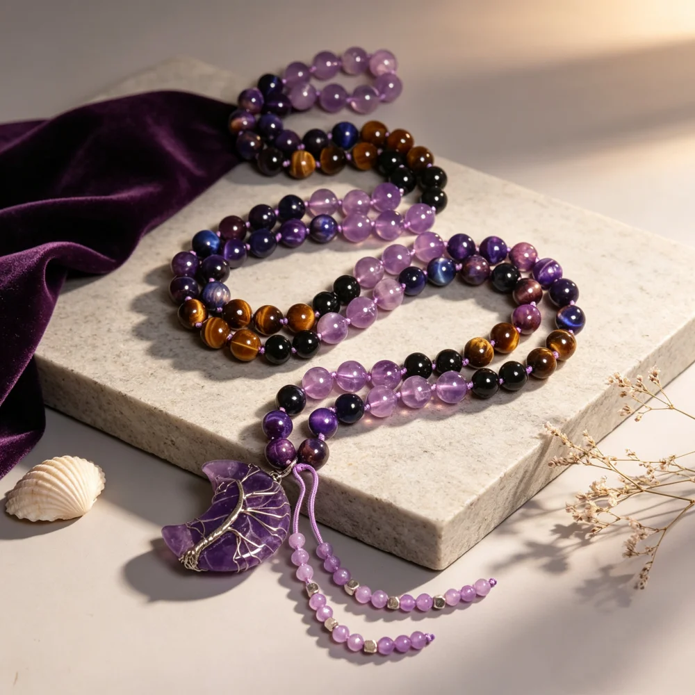 Bohemian Purple Amethyst Beaded Necklace Gift Life Tree Moon Charm Pendant Dream Tiger Eye Necklace Religious Anniversary