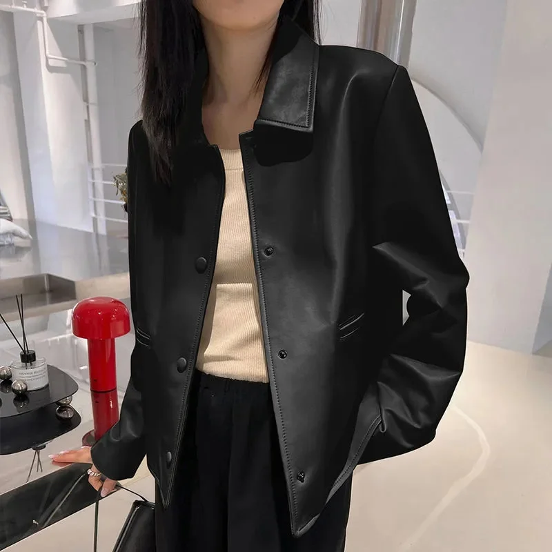 Woman Clothing Women Jacket Short Polo Collar Leather Jacket Women's Spring and Autumn Fashion Luxury Relaxed  Leather Jacket