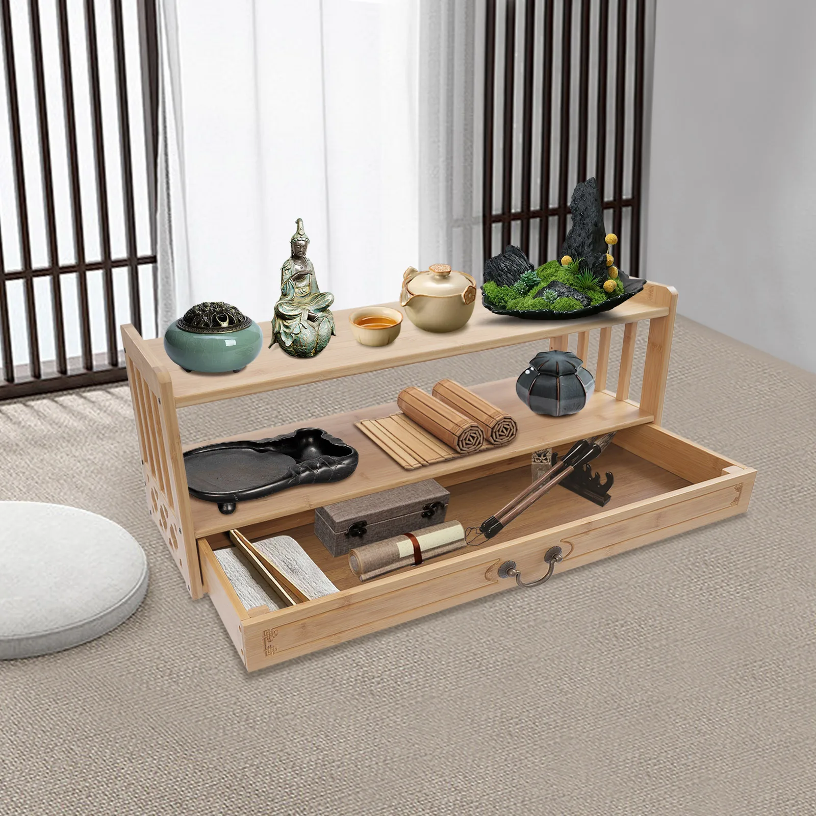 

Meditation Storage Table, Altar Table w/ 2-Tier Drawer, Desktop Organizer Shelf, Natural Wood End Table for Living Room, Bedroom