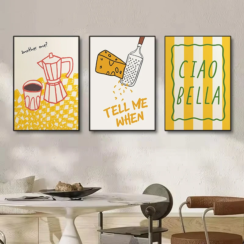Ciao Bella Colourful Italian Coffee Cheers Preppy Kitchen Food Cheese Aesthetic Poster Canvas Painting Wall Pictures Home Decor