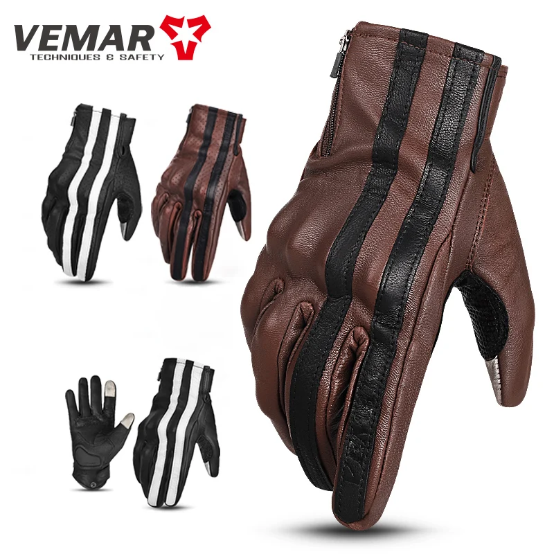 Vemar Summer Breathable Touchscreen Men\'s Gloves Retro Leather Vintage Riding Guantes Motocross Motorcycle Bike Full Finger Gift