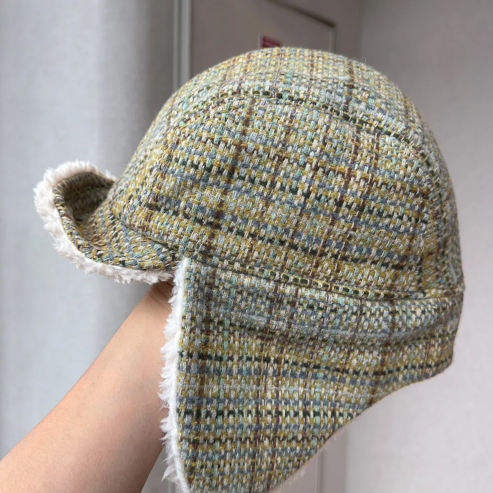 Retro Checkered Double-sided Wear Lei Feng Hat Thickened Warm Ear-protecting Ski Flight Cap for Women Multi-functional Cycling H