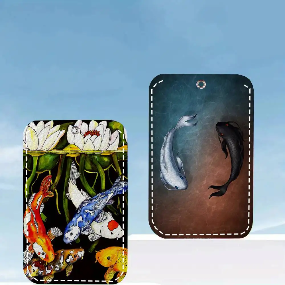 Koi Fish Card Case Keychain Access Card Bag Key Tag Ring Leather Card Holder Key Ring Access