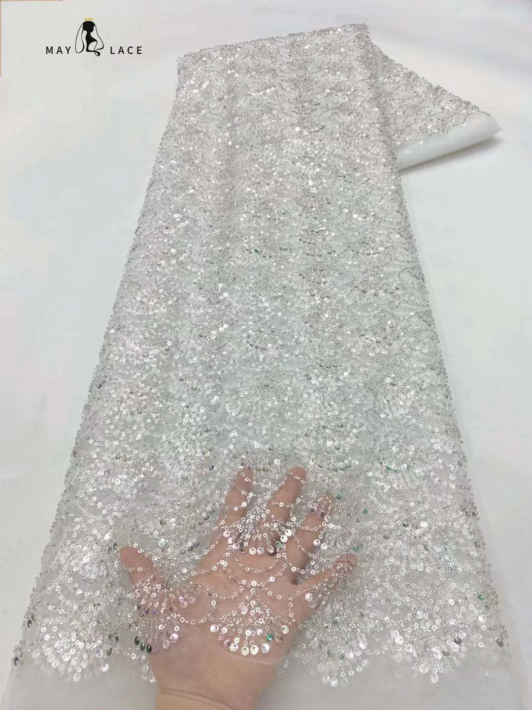 5 Yards Newest White African Tulle Pearls Tube Beads Sequins Embroidered 2024 French Net Lace Fabric For Wedding Party Dresses