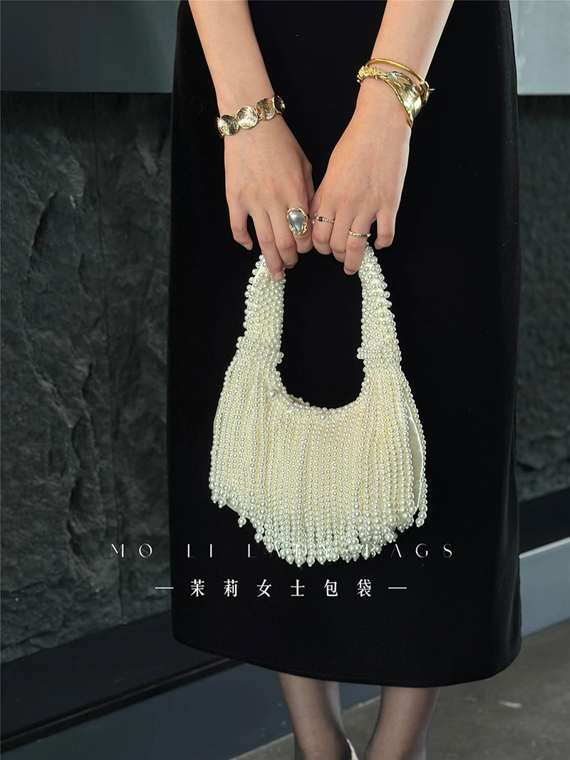 French Heavy Handmade Tote Bags For Women Pearl Beaded Fringe Evening Party Clutch Bag Elegant Formal Wedding Bridal Handbag