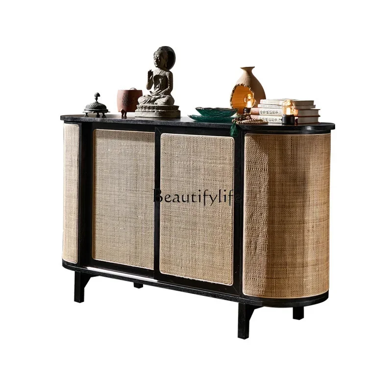 

New Nordic solid wood dining side cabinet sliding door storage modern simple rattan storage entrance cabinet
