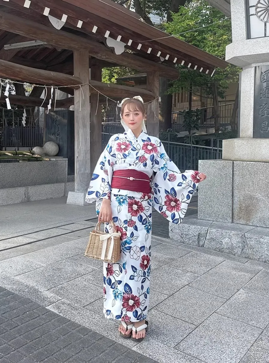 طقم كيمونو نسائي مكون من قطعتين - يفصل يوكاتا مع قميص قصير ورداء خارجي، ملابس يابانية قطنية تقليدية #2