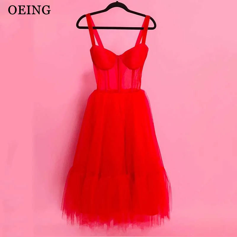 

OEING Red Mini Prom Dress Elegant Spaghetti Strap Tulle Tiered Simple Party Dresses Formal Occasion Gowns Vestidos De Noche