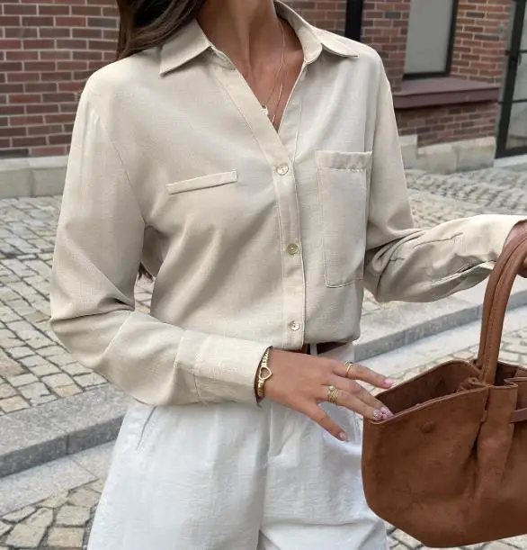 

Новая элегантная женская рабочая рубашка весна-лето в интеллектуальном стиле, цвет абрикосовый, с простым отложным воротником, на пуговицах, с длинными рукавами