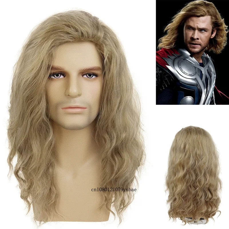 Peluca de Thor gordo de 20 pulgadas, pelucas rubias de pelo largo y rizado ondulado para hombres, disfraz de Halloween para fiesta, peluca vikinga de Fabio para Cosplay para hombre