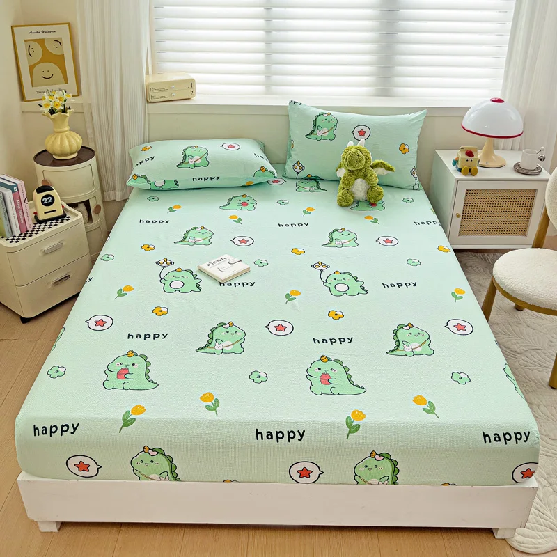 

Green Dinosaur Fitted Sheet Cartoon Dino Printed Seersucker Bed Sheets for Teens Boys Girls Bedding Bed Cover with Deep Pocket