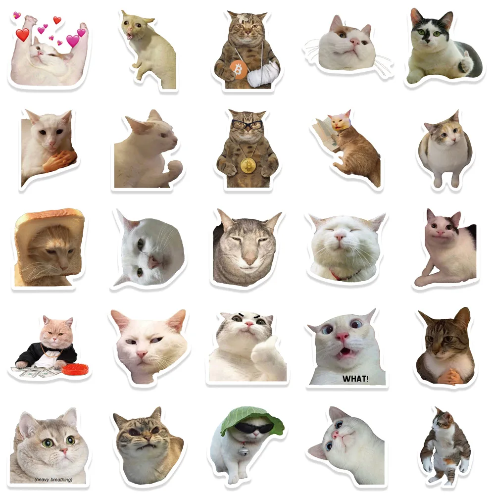 50PCS Popular Cartoons Funny Cat Notebook Stickers Personalized Luggage Phone Case Guitar Skateboard Stickers