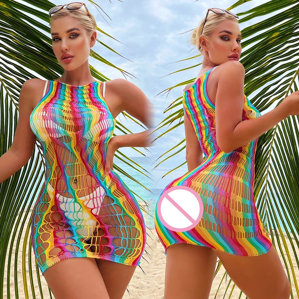 Rainbow Beach Sexy Lingerie Sexy Bodycon Dress Fishnet Clubwear Perspective Christmas Valentine\'s Day Women\'s Lingerie Dresses