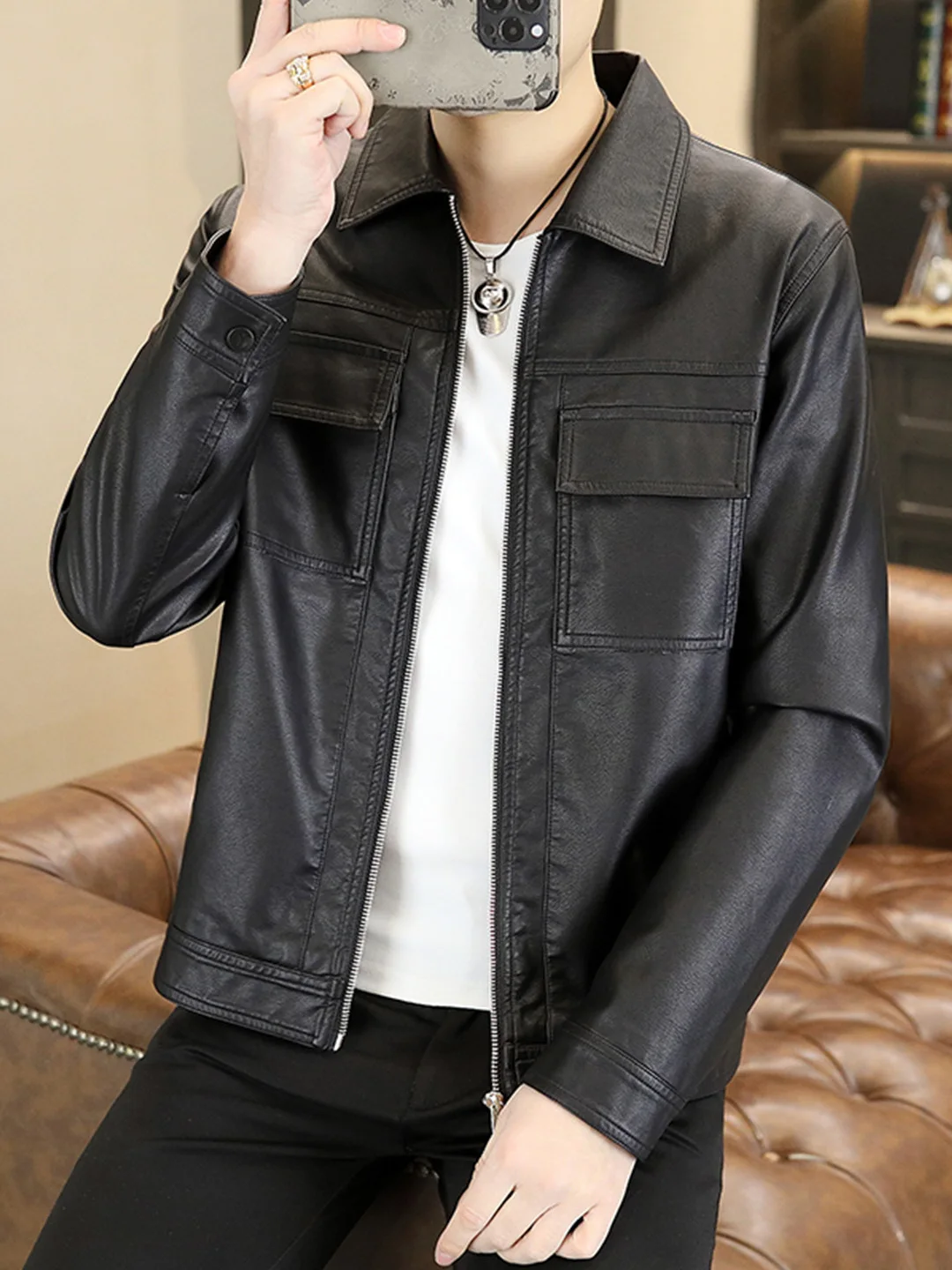 

Высококачественная повседневная кожаная куртка для мужчин, приталенный крой, модное пальто из искусственной кожи, деловая мужская одежда, весенне-осенняя коллекция