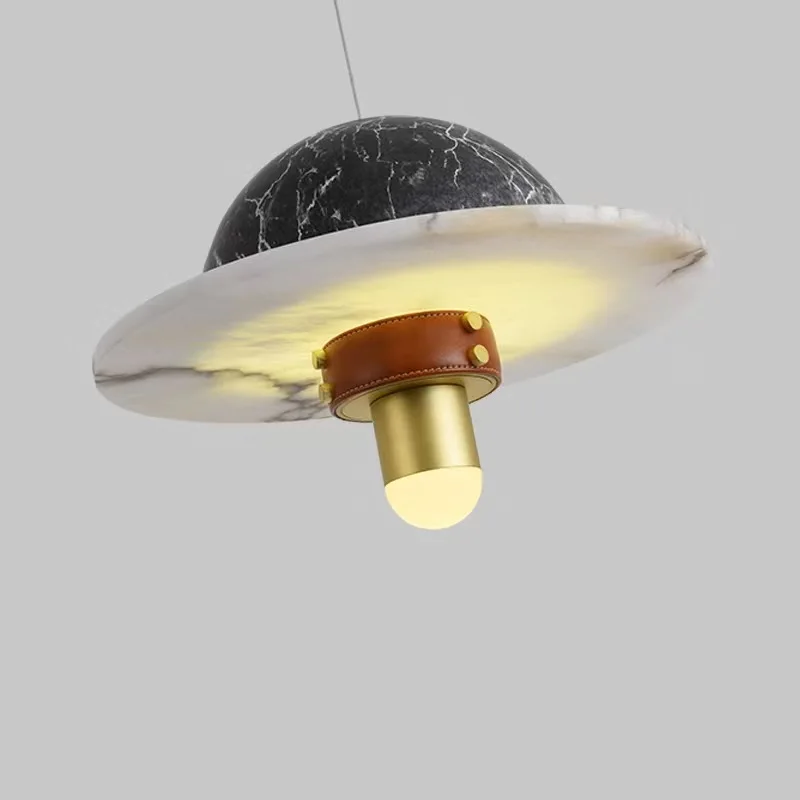 Lampu gantung marmer UFO Nordic, alat pencahayaan hiasan kamar estetika dapur kamar tidur, lampu gantung kulit