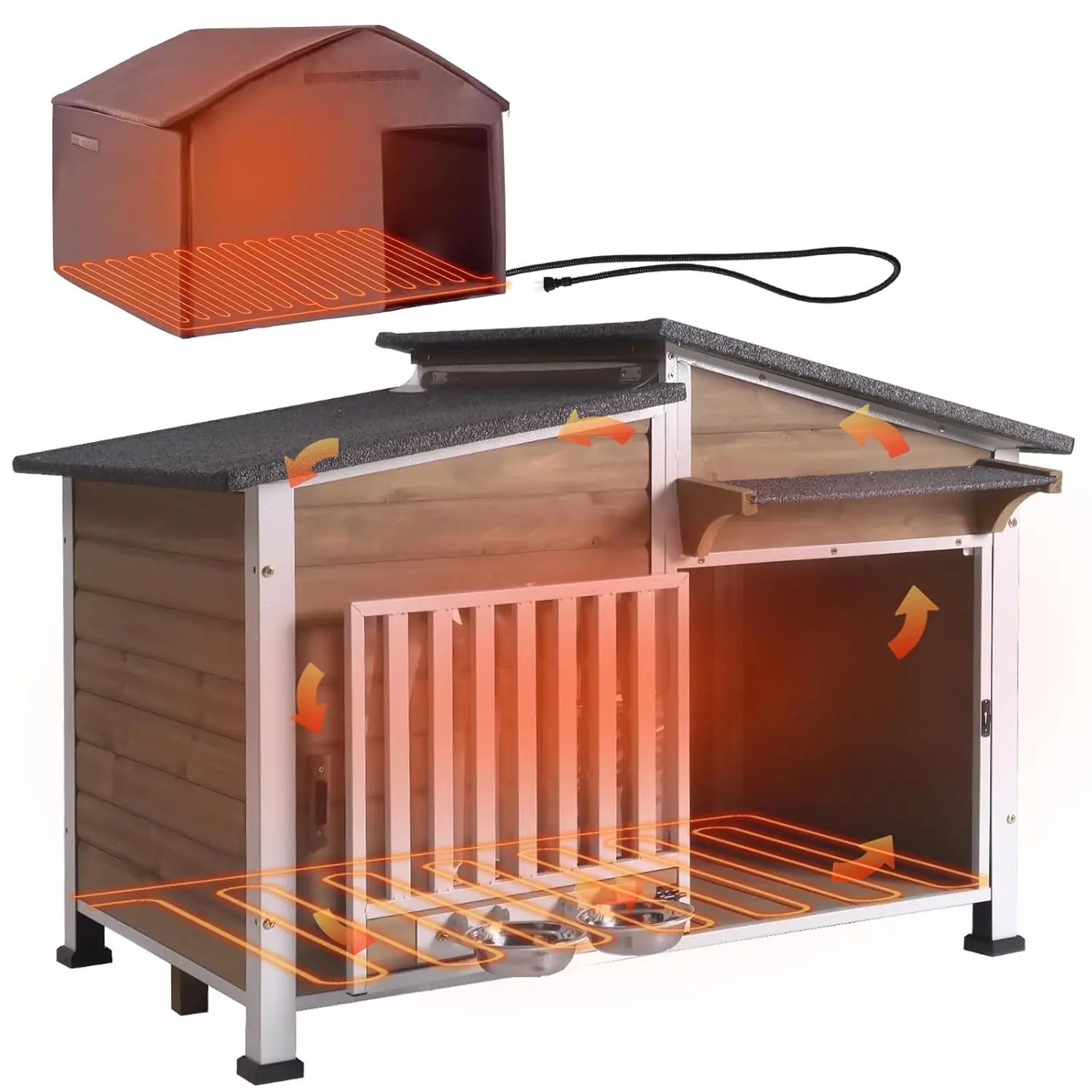 

Heated Dog House Outdoor Dog Kennel with Safe Heated Pad, Chew-Proof Metal Frame and Rotating Food Bowl for Small, Customized
