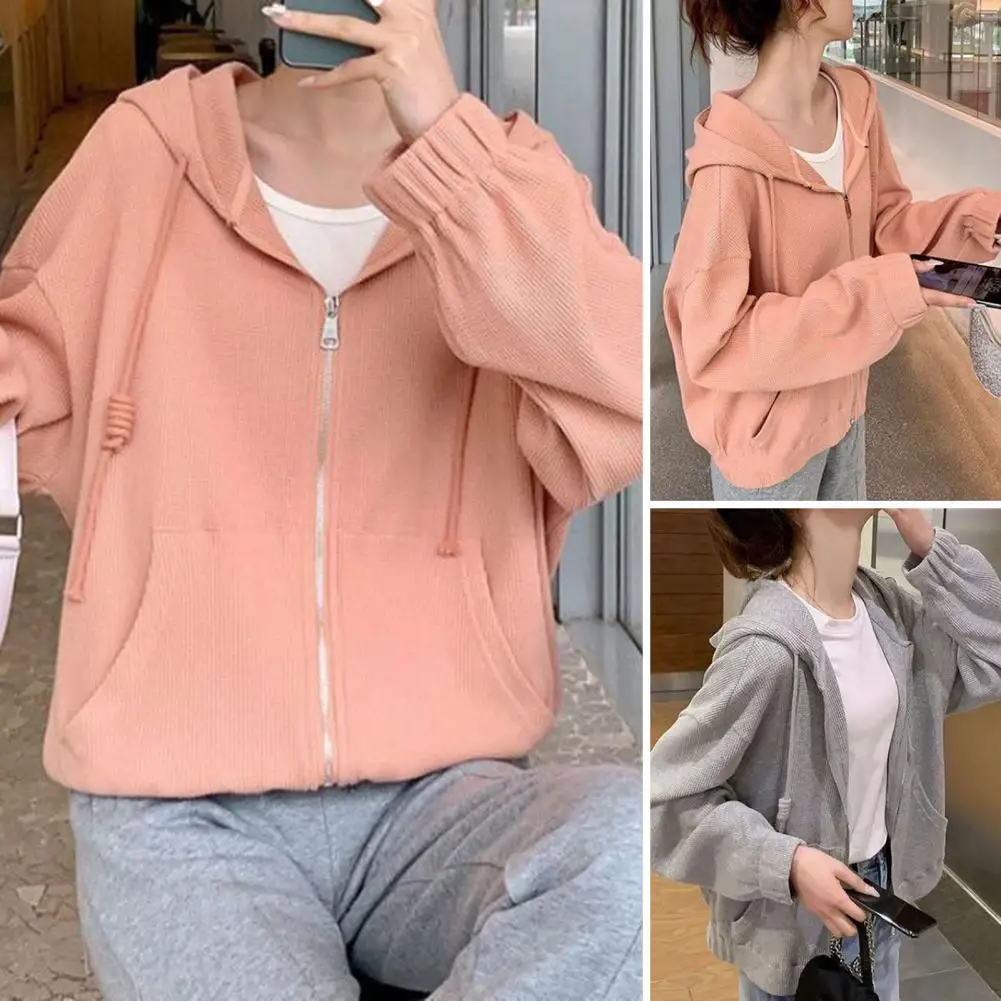 

Long Sleeve Casual Cardigan Stylish Women's Waffle Texture Hooded Sweatshirt Cardigan for Spring Autumn Sports Activities