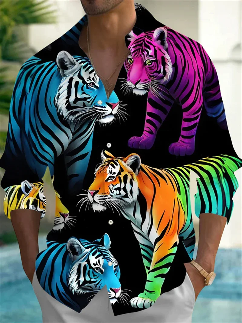 الرجال الملونة نباتات حيوانات الليمون ثلاثية الأبعاد قميص مطبوع الرجال موضة النمر الملك قميص عادية الشاطئ قصيرة الأكمام قميص طوق القميص