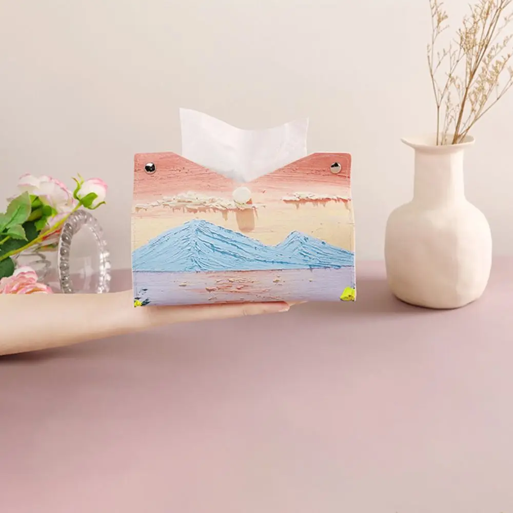 Aesthetic Leather Pink Tissue Case Large Storage Durable Paper Towel Box Oil Painting Creative Car Tissue Box Home