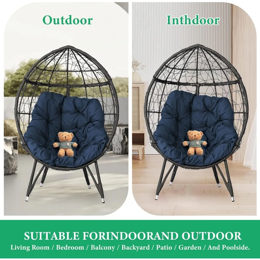 Outdoor Patio Wicker Egg Chair Oversived Indoor Basket Wicker Chair with Stand Blue Cushion 410bls Capacity for Backyard Balcony