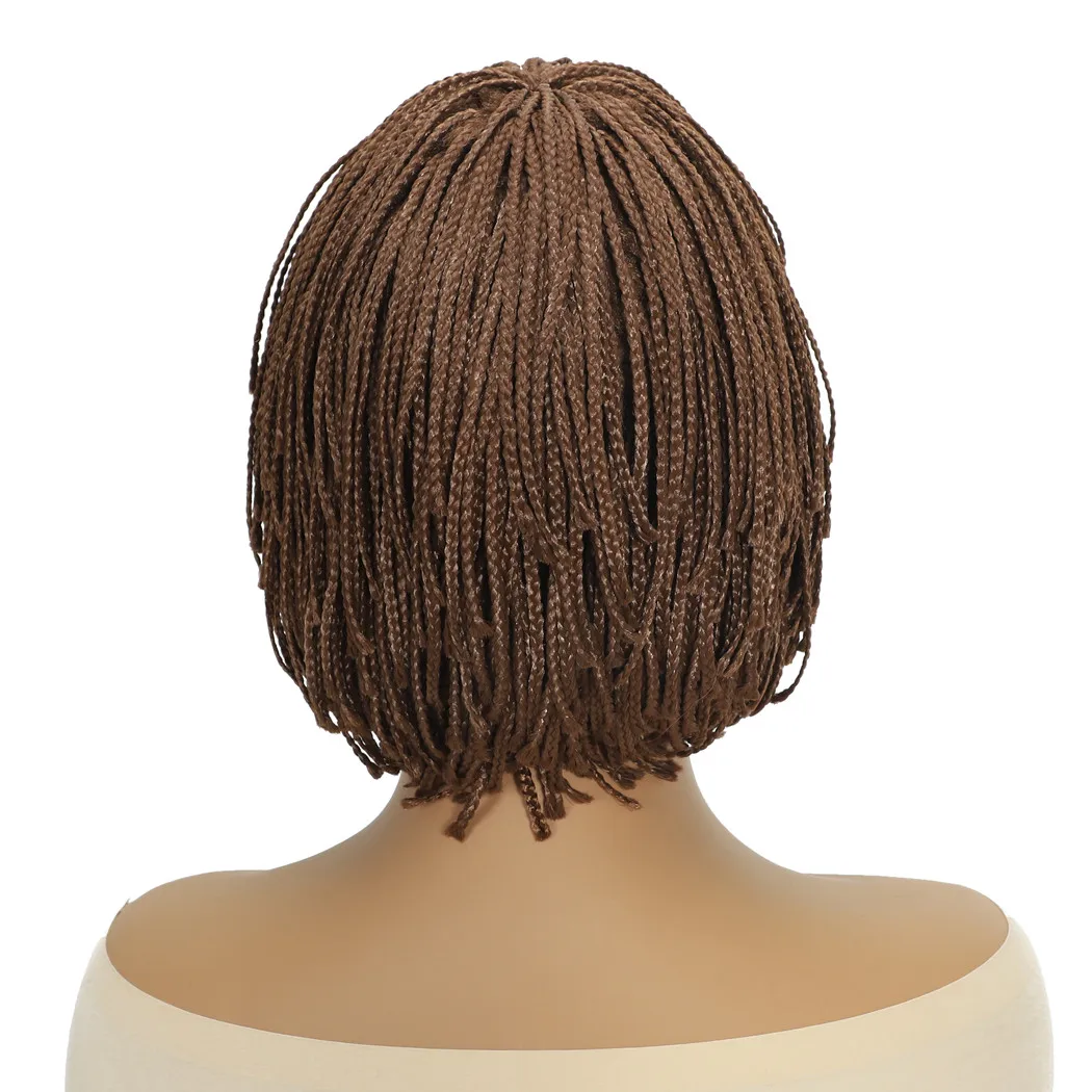 باروكة صناعية مجدولة مع غرة، باروكات قصيرة للنساء، لون أسود وبني للاستخدام اليومي، شعر صناعي من الألياف ذات درجة الحرارة العالية