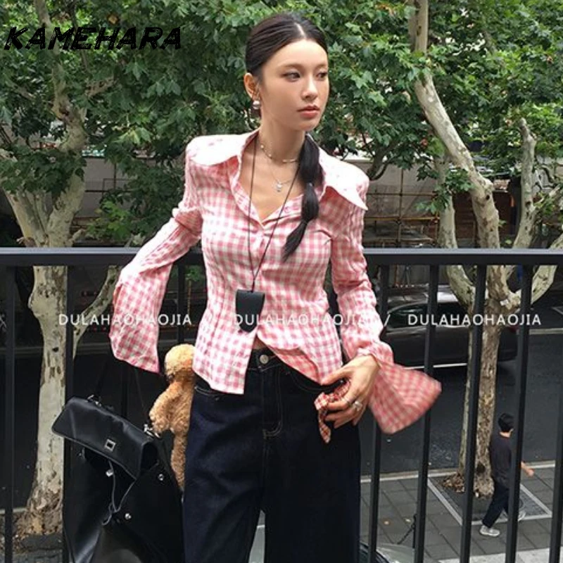 

KAMEHARA American Retro Pink Plaid Lapel Long Sleeved Shirt Spring and Summer Hot Girls Single Breasted Slim Fit Casual Blouses